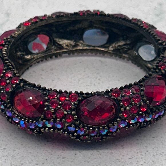 Vtg Gorgeous Clamper Cuff Bracelet Women's OS Red AB Rhinestones Hinged Cabochon - Picture 5 of 12
